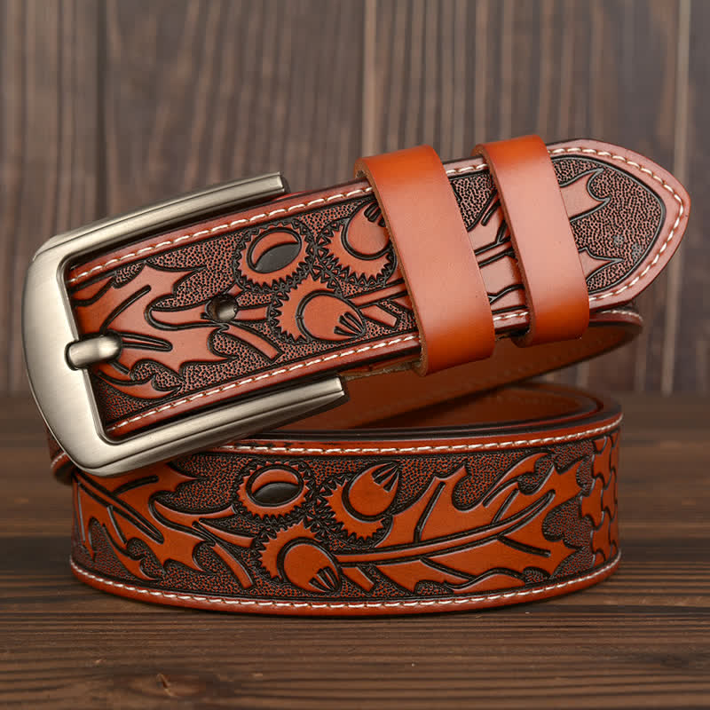 Men's Floral Embossed Pattern Leather Belt - Orange - 44 - image 0