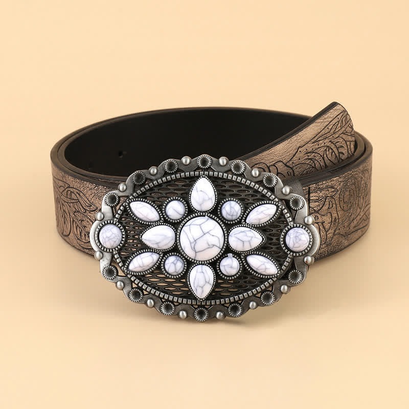 Women's Ethnic White Gem Embossed Leather Belt - Tan - 32 - image 0