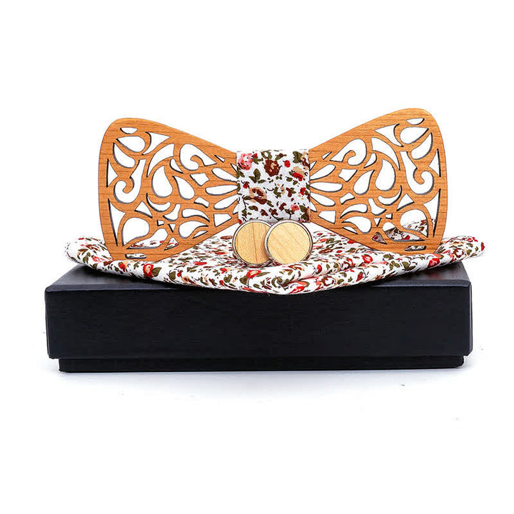 3Pcs Men's Vintage Hollow Wooden Bow Tie Set - White & Red Floral - image 8