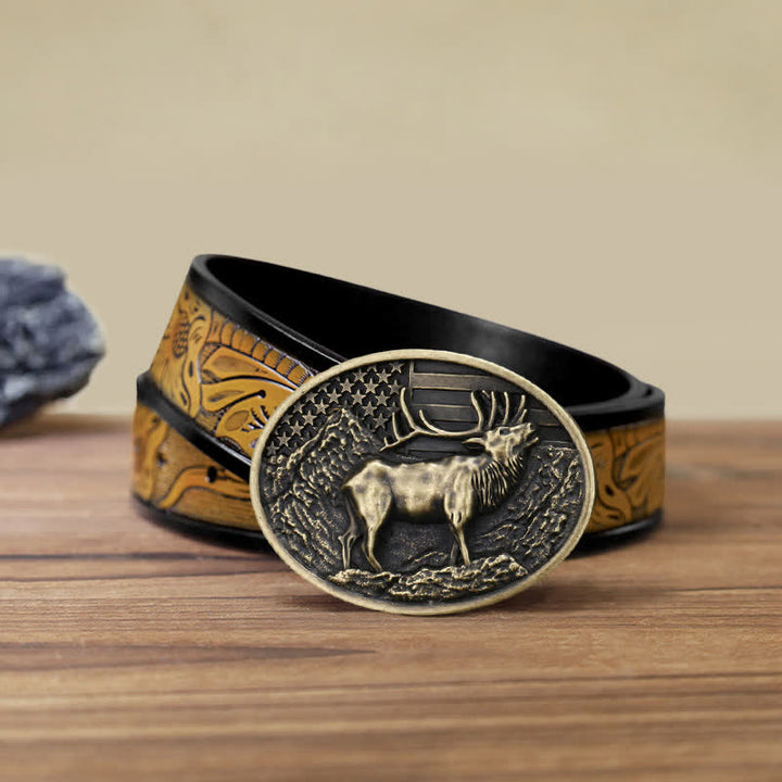 Men's DIY Elk Deer American Flag Buckle Leather Belt - Antique Bronze - SandyBrown Belt (40) - image 22