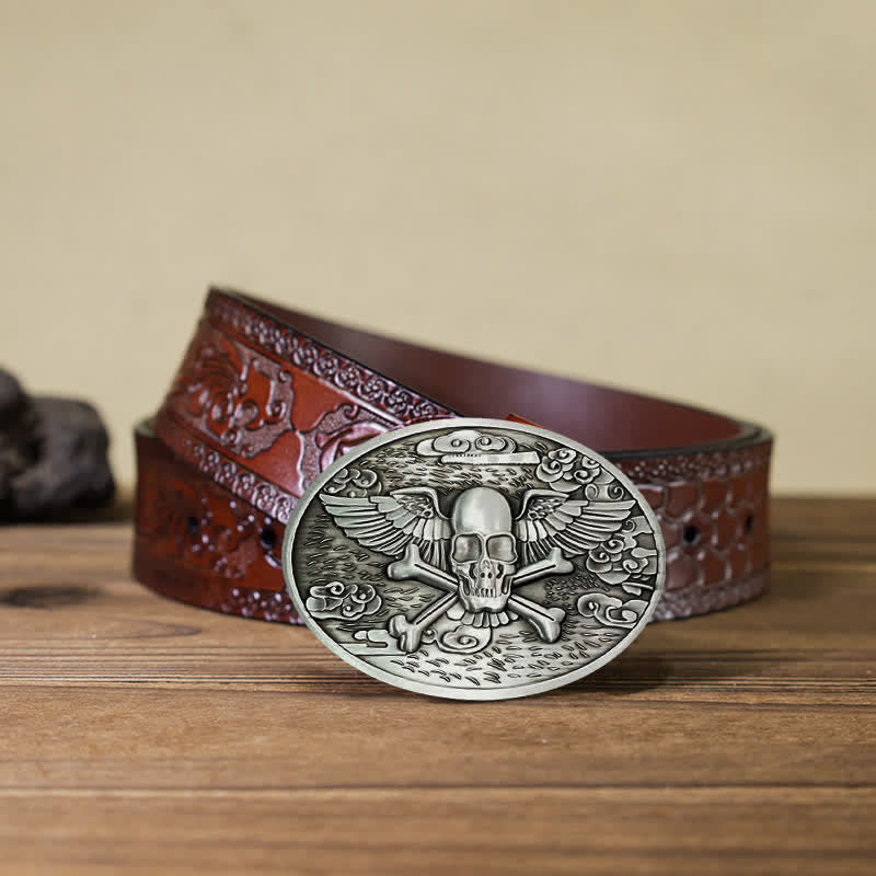 Men's DIY Skull Angel Creative Beer Holder Buckle Leather Belt - Silver - Brown Carved Belt (40) - image 24