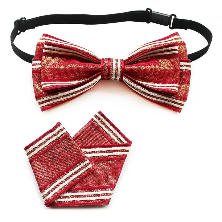 2Pcs Men's Pleated Striped Bow Tie Set - Red Striped - image 5