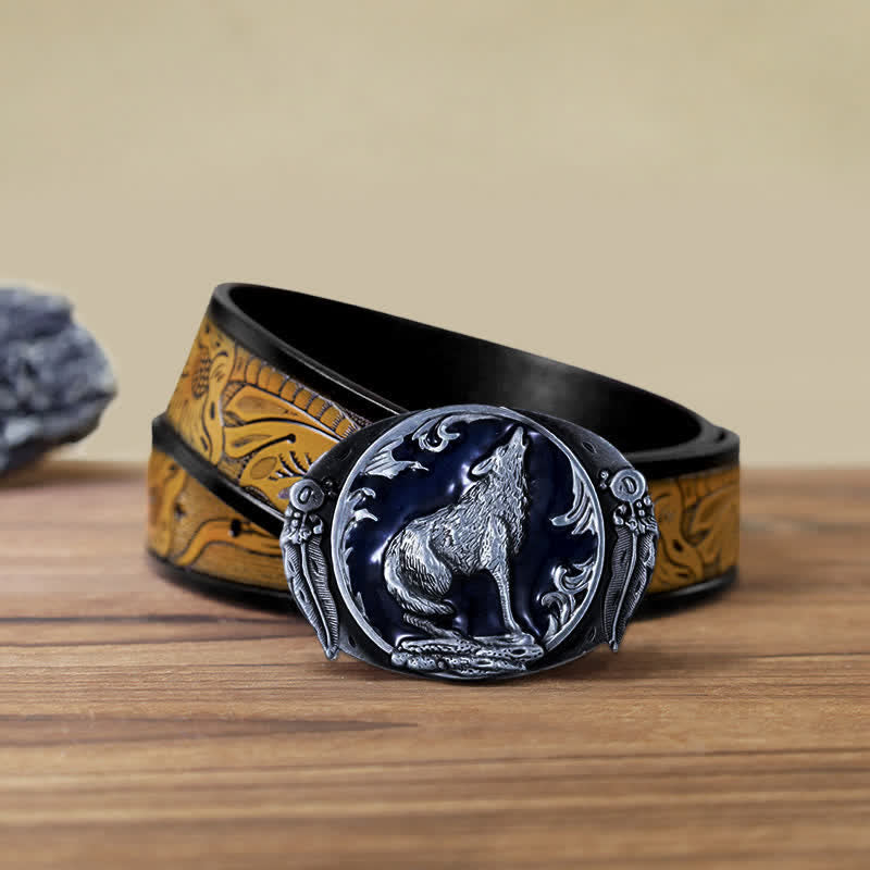 Men's DIY Enamel Domineering Howling Wolf Buckle Leather Belt - Blue - SandyBrown Belt (40) - image 21