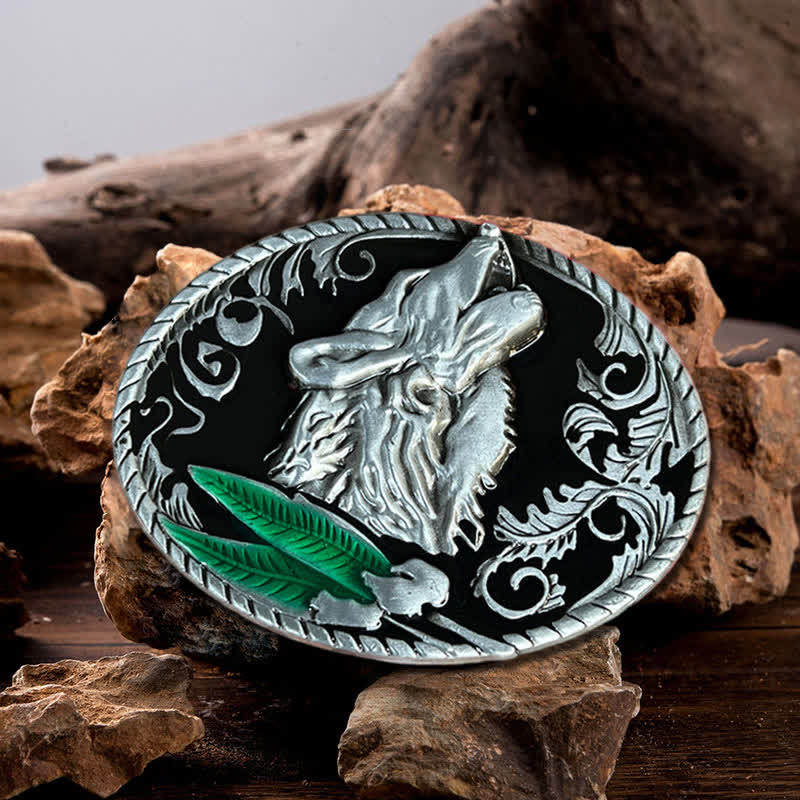 Men's DIY Howling Wolf Head Buckle Leather Belt - Antique Silver - Without Belt - image 0