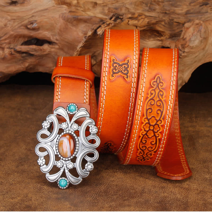 Unisex Agate Stone Turquoise Hollow Flower Leather Belt - image 9