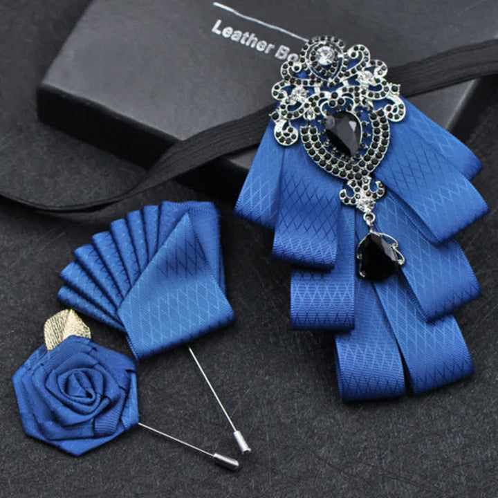 3Pcs Plaid Black Rhinestone Bow Tie Set - Blue Lattice - image 3