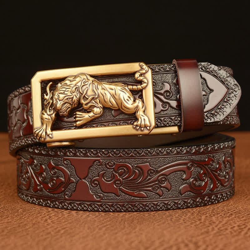 Men's Tiger Buckle Floral Embossed Leather Belt - Gold & Brown - 46 - image 0
