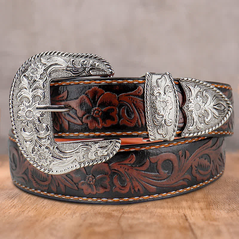 Women's Coffee Vintage Flower Engraved Leather Belt - Coffee - 36 - image 0