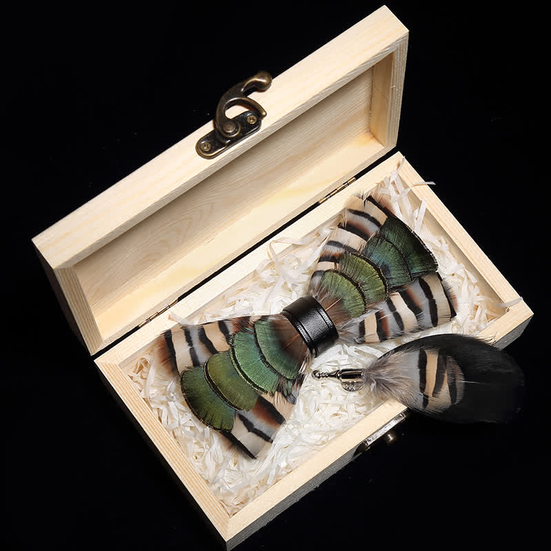 Green & Beige Geese Feather Bow Tie with Lapel Pin - image 3