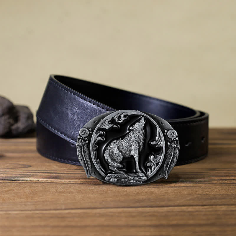 Men's DIY Enamel Domineering Howling Wolf Buckle Leather Belt - Black - Black PU Belt (40) - image 5