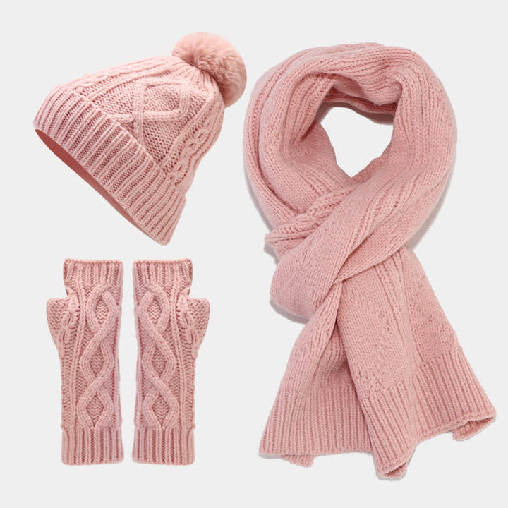 3Pcs Women's Cable Knitted Hat Scarf Fingerless Mittens Set - Pink - Adjustable (22"-22 7/8") - image 0