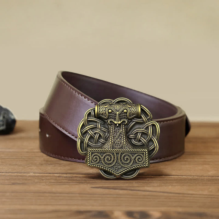 Men's DIY Viking Thor's Hammer Buckle Leather Belt - Thor's Hammer - Brown PU Belt (40) - image 6