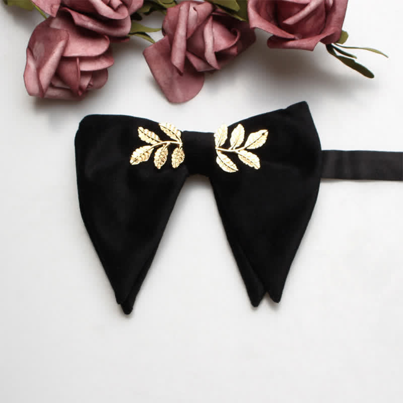 Men's Charming Velvet Oversized Pointed Bow Tie - Black Leaves - image 2