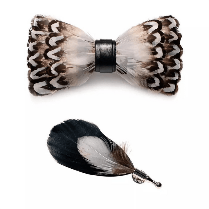 White & Brown Wilderness Feather Bow Tie with Lapel Pin - image 2