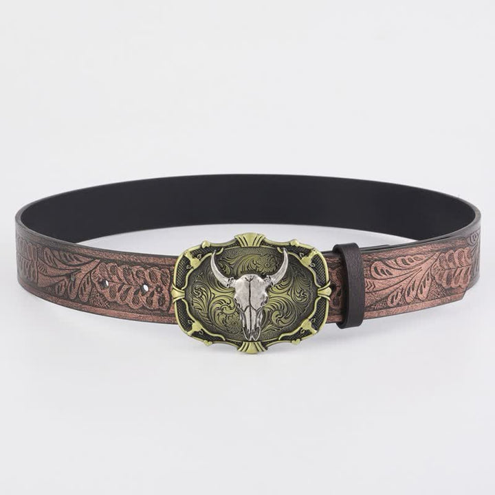Men's Distressed Bull Square Buckle Leather Belt - image 2