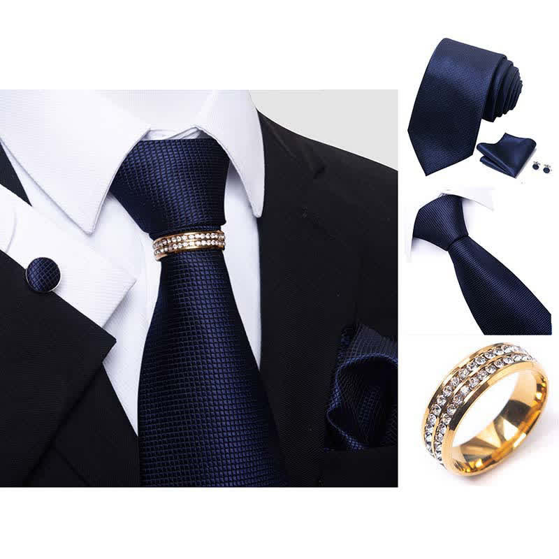4Pcs Men's Micro-checked Necktie Set With Tie Ring - image 3