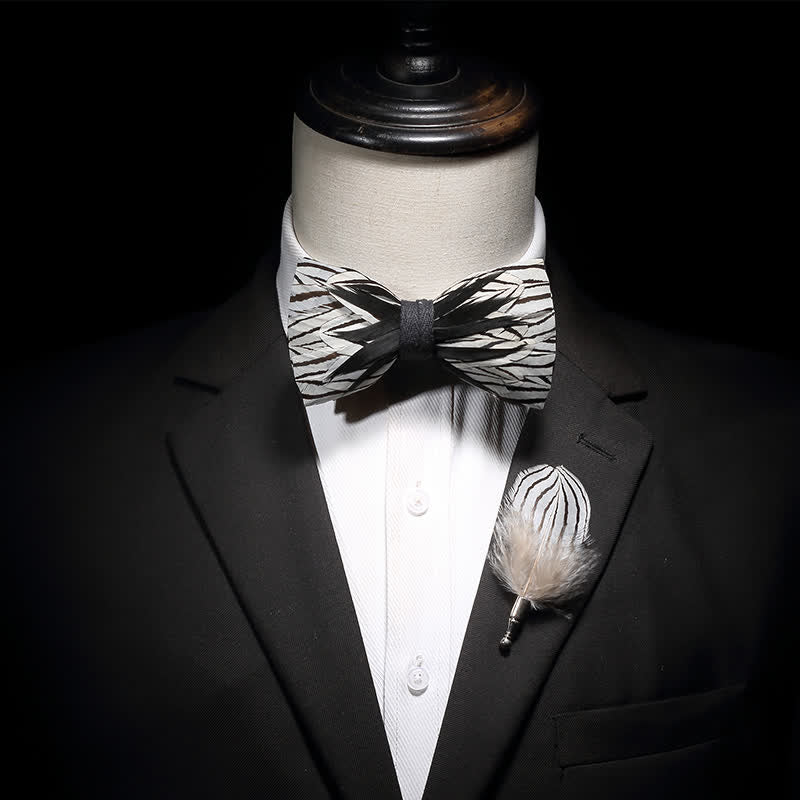 Black & White Zebra Stripe Feather Bow Tie with Lapel Pin - image 2