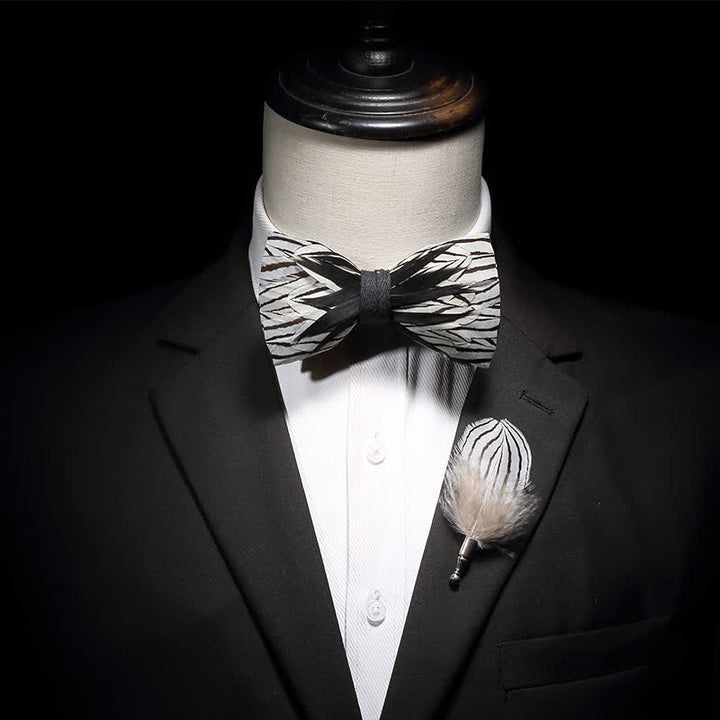 Black & White Zebra Stripe Feather Bow Tie with Lapel Pin - image 2