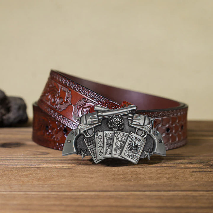 Men's DIY Double Pistol Poker Buckle Leather Belt - Double Pistol - Brown Carved Belt (40) - image 11