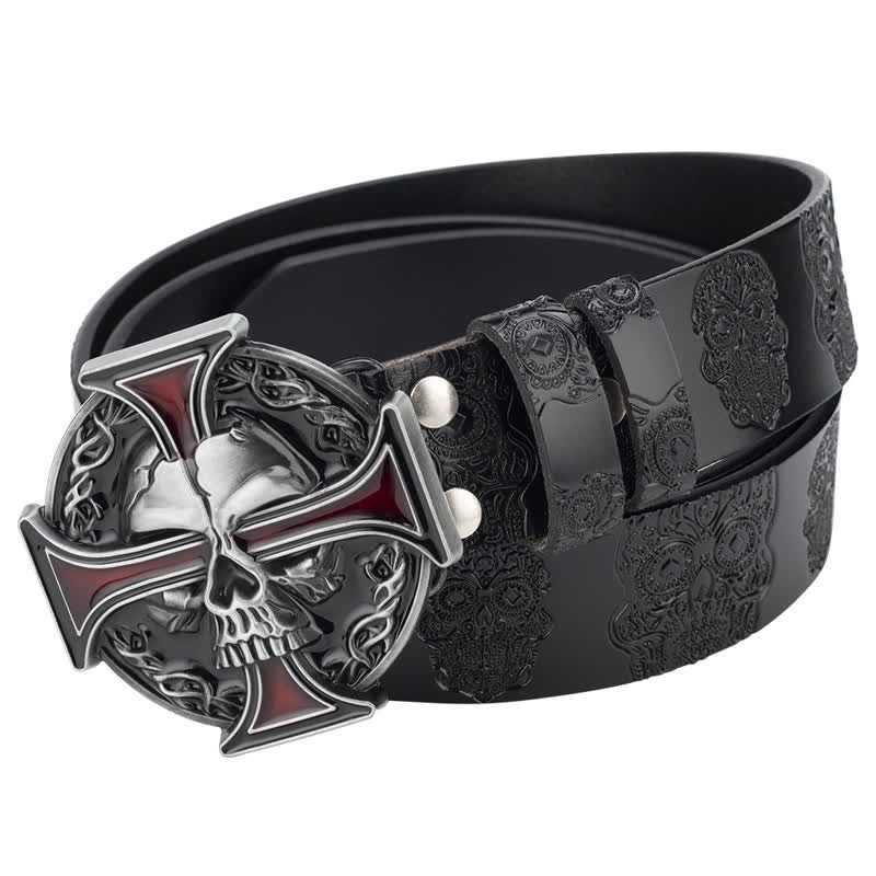 Men's Cross Skull Embossed Pattern Leather Belt - image 2