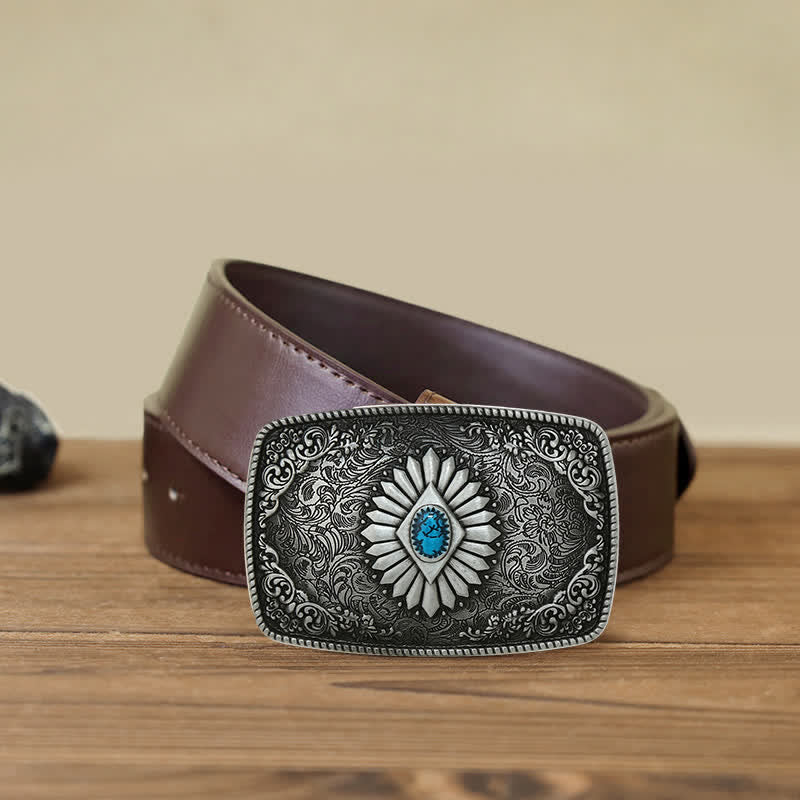 Men's DIY Square Turquoise Western Buckle Leather Belt - Antique Silver - Brown PU Belt (40) - image 14