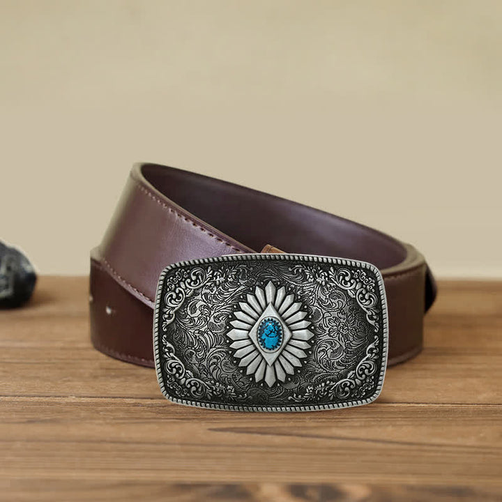 Men's DIY Square Turquoise Western Buckle Leather Belt - Antique Silver - Brown PU Belt (40) - image 14