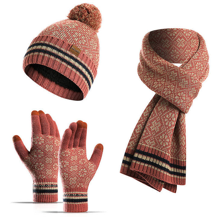 3Pcs Unisex Snowflake Hat Scarf Touchscreen Gloves Set - Pink - Adjustable (22"-23 5/8") - image 2