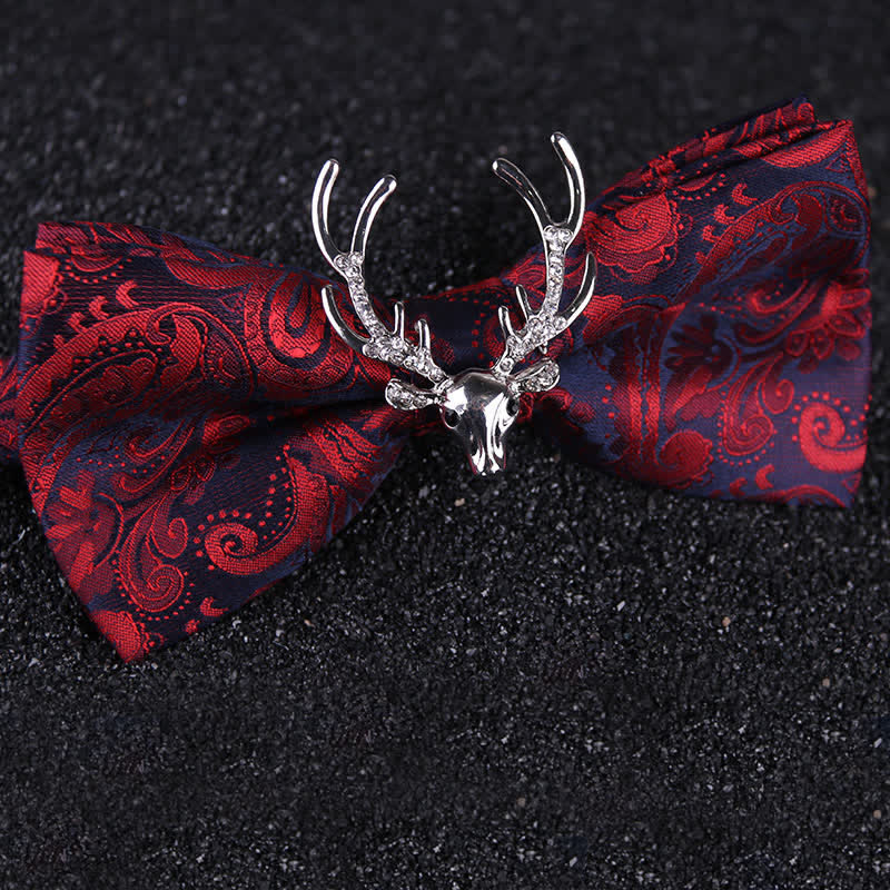 Men's Paisley Christmas Elk Head Decor Bow Tie - Red & Silver - image 10