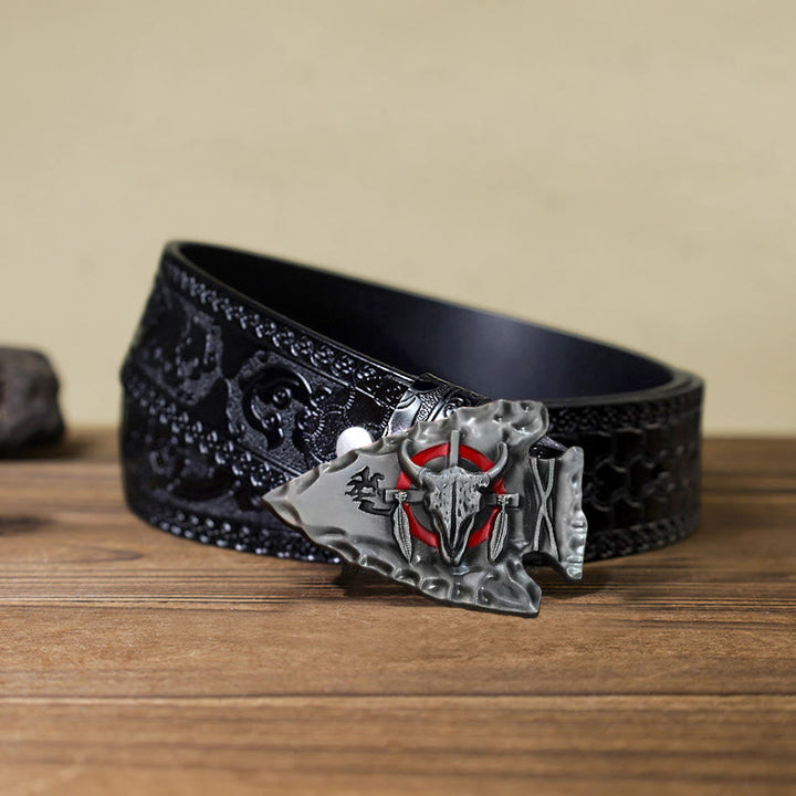 Men's DIY Arrowhead Shaped Bull Buckle Leather Belt - Antique Silver - Black Carved Belt (40) - image 14