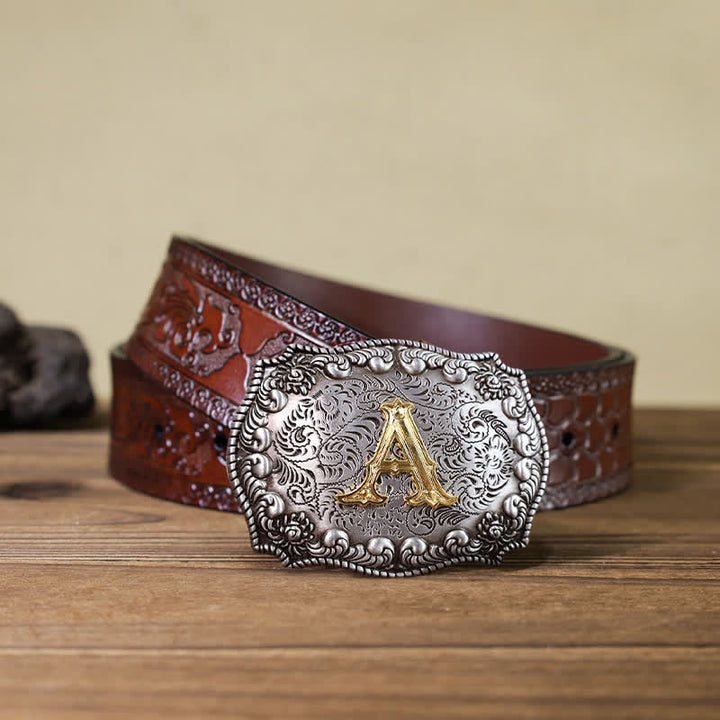 Men's DIY Alphabet Initial Letter Buckle Leather Belt - A - Brown Carved Belt (40) - image 3