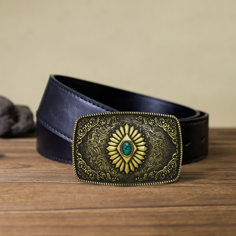 Men's DIY Square Turquoise Western Buckle Leather Belt - Antique Gold - Black PU Belt (40) - image 9