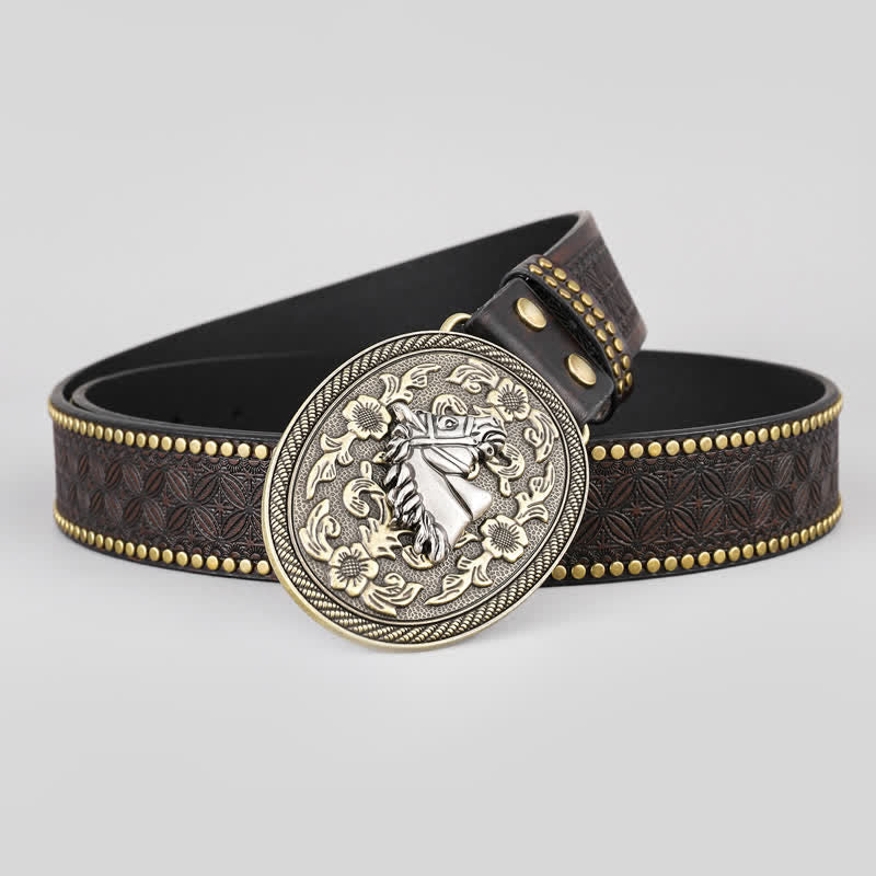 Men's Horse Head Relief Flower Detail Leather Belt - Horse - 42 - image 0