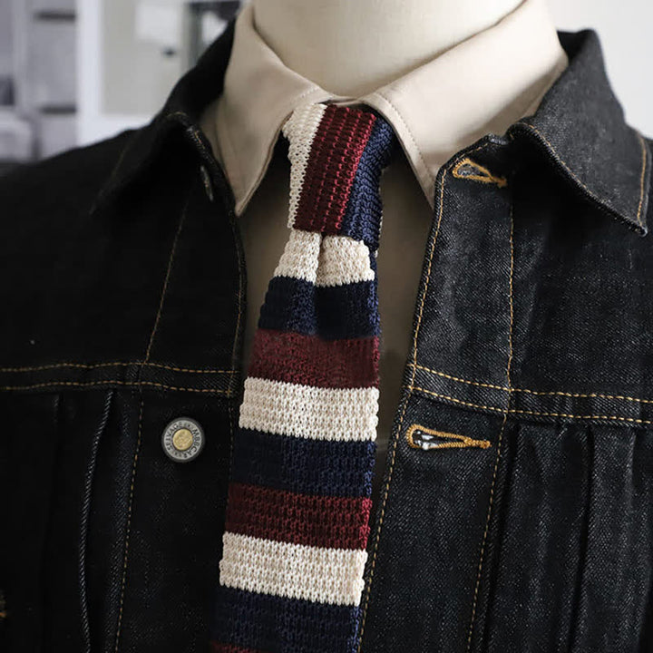 Men's Autumn Horizonal Striped Knitted Necktie - Burgundy & White - image 8