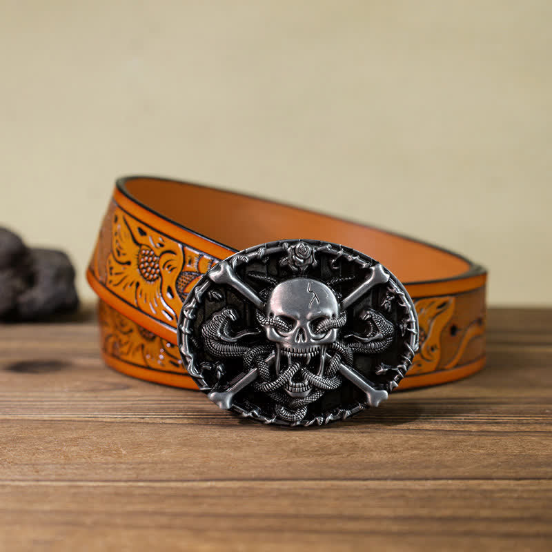 Men's DIY Gothic Cross Skull Snake Buckle Leather Belt - Skull - Orange Carved Belt (40) - image 14