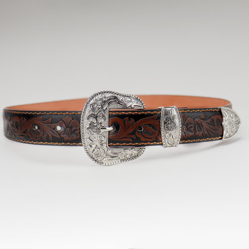 Women's Coffee Vintage Flower Engraved Leather Belt - image 1