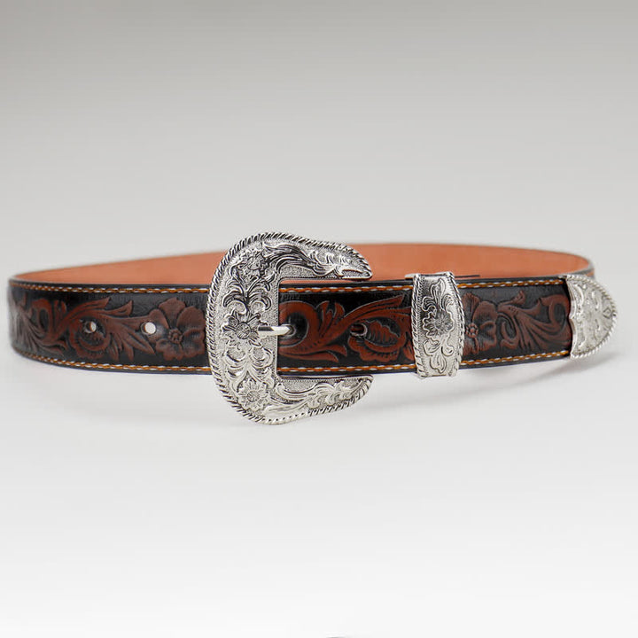 Women's Coffee Vintage Flower Engraved Leather Belt - image 1