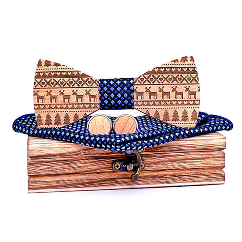 3Pcs Men's Christmas Theme Pattern Wooden Bow Tie Set - Blue - image 0