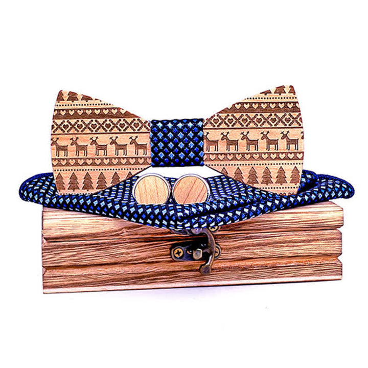 3Pcs Men's Christmas Theme Pattern Wooden Bow Tie Set - Blue - image 0