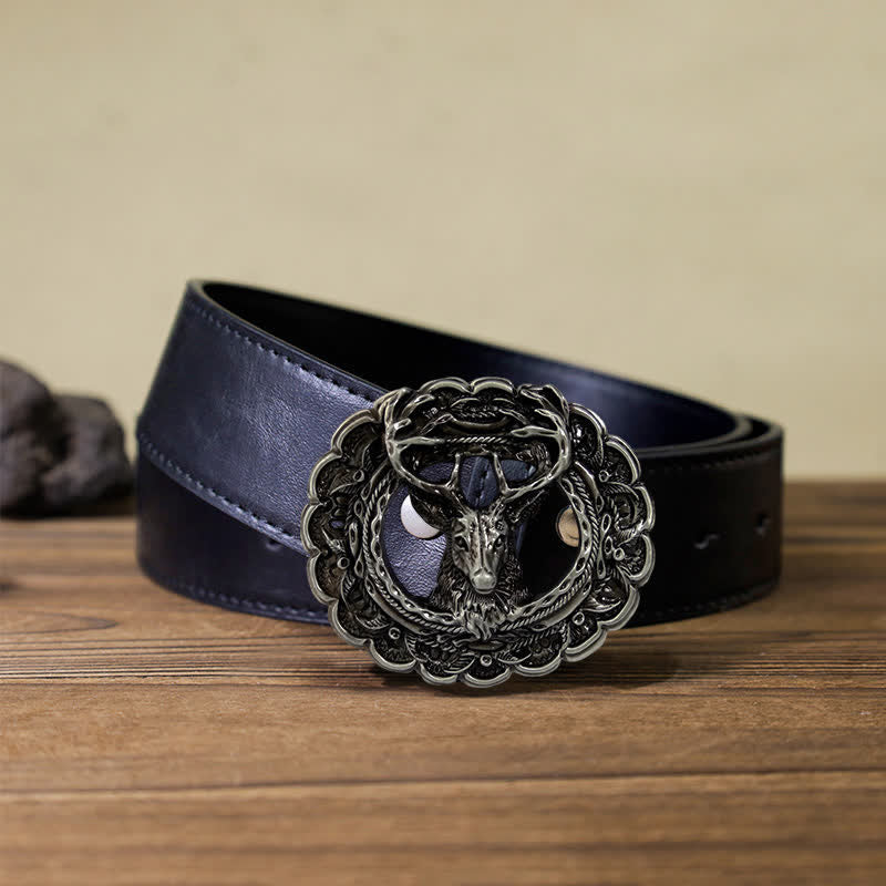 Men's DIY Hollow 3D Elk Antler Buckle Leather Belt - Antique Silver - Black PU Belt (40) - image 4