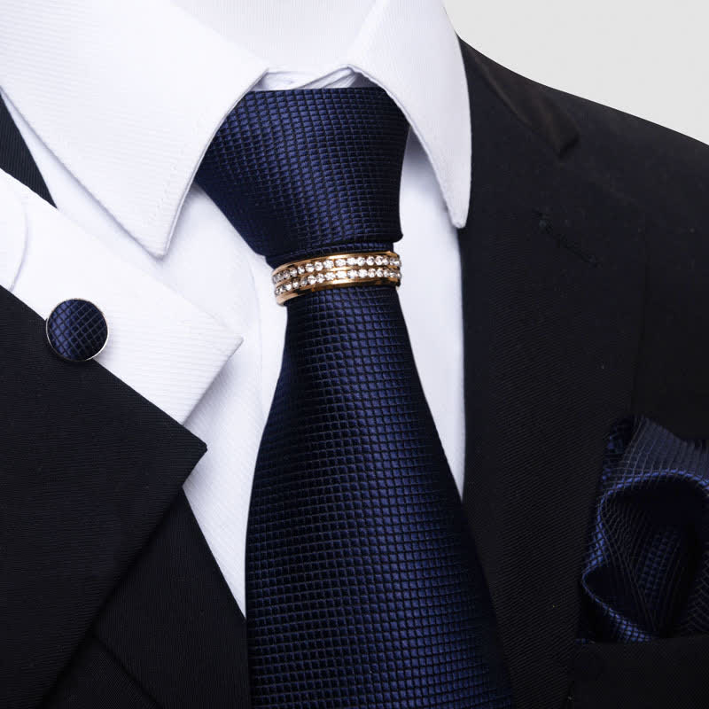 4Pcs Men's Micro-checked Necktie Set With Tie Ring - Midnightblue - image 2
