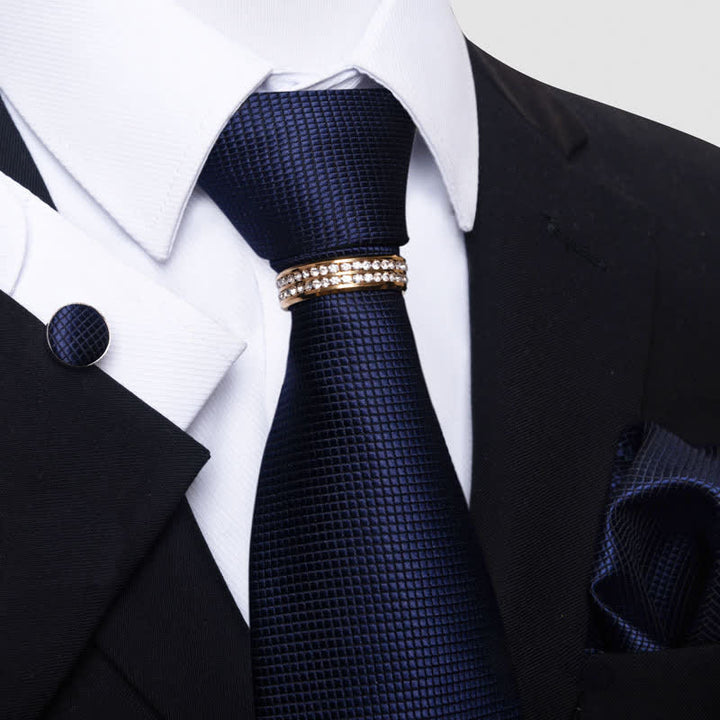 4Pcs Men's Micro-checked Necktie Set With Tie Ring - Midnightblue - image 2