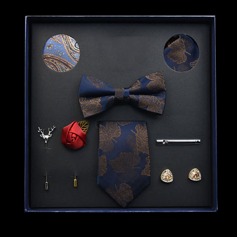 8Pcs Navy&Brown Vintage Leaf Necktie Bow Ties Gift Box - Navy&Brown - image 0