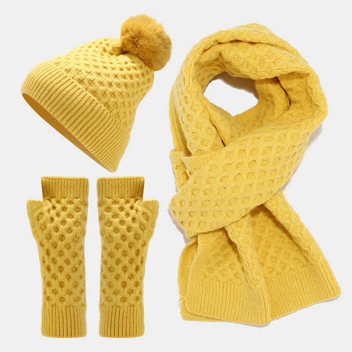 3Pcs Women's Criss Cross Knit Hat Scarf Gloves Set - Yellow - Adjustable (22"-22 7/8") - image 13