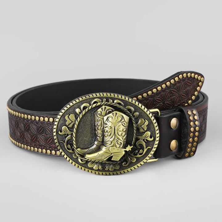 Men's Bronze Boots Oval Buckle Leather Belt - image 1