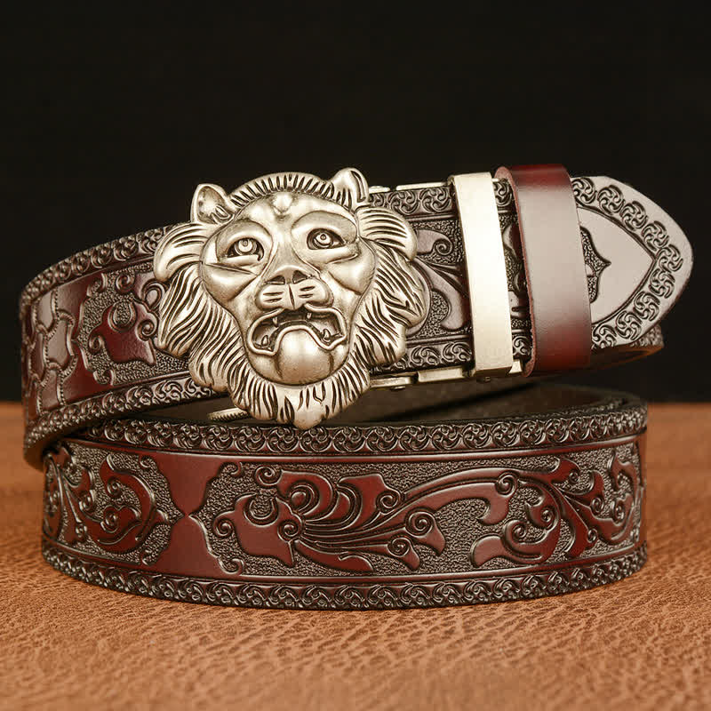 Men's 3D Sculpture Lion Head Leather Belt - Silver & Brown - 46 - image 12