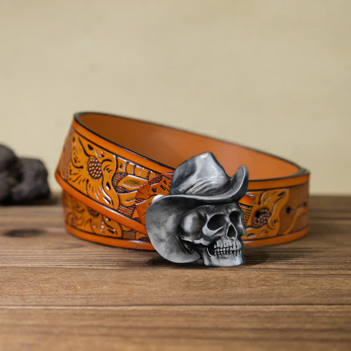 Men's DIY Creative Skull Head With Hat Buckle Leather Belt - Skull Head - Orange Carved Belt (40) - image 15