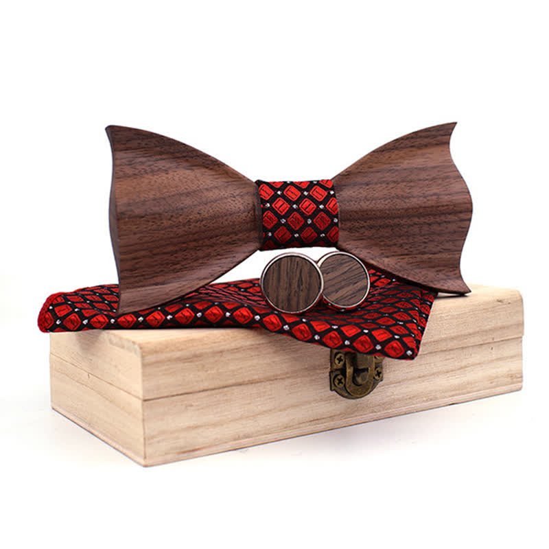 3Pcs Men's 3D Black Walnut Wooden Bow Tie Set - Red - image 0