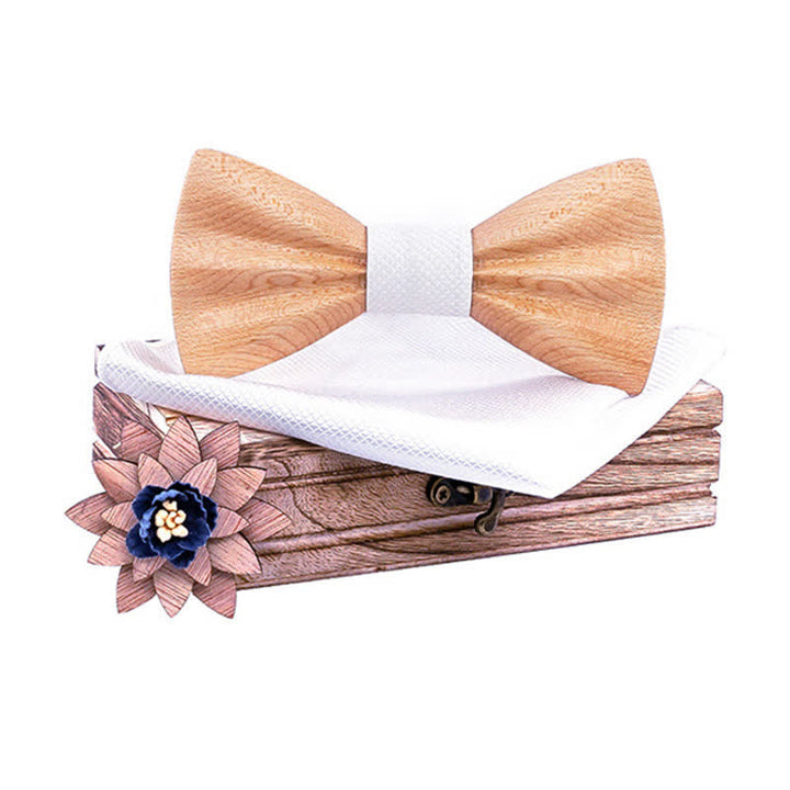 3Pcs Men's Hand Carved Crease Wooden Bow Tie Set - Maple - White - image 21