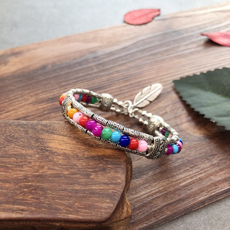 Vintage Boho Round Multi‑color Stone Silver‑tone Feather Charm Adjustable Bangle Bracelet - Multicolor - image 1