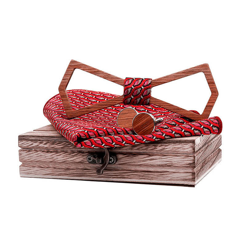 3Pcs Men's Hollow Carved Design Wooden Bow Tie Set - Red - image 9